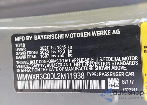 2020 Mini Hardtop Cooper z USA, uszkodzony, nr VIN WMWXR3C00L2M11938